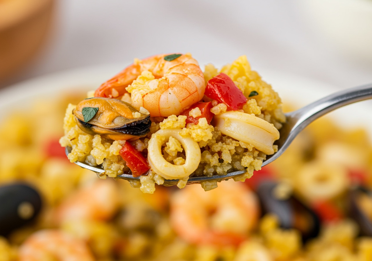 A close-up shot of a spoonful of keto cauliflower paella, showing the texture of the cauliflower rice mixed with seafood and vegetables.