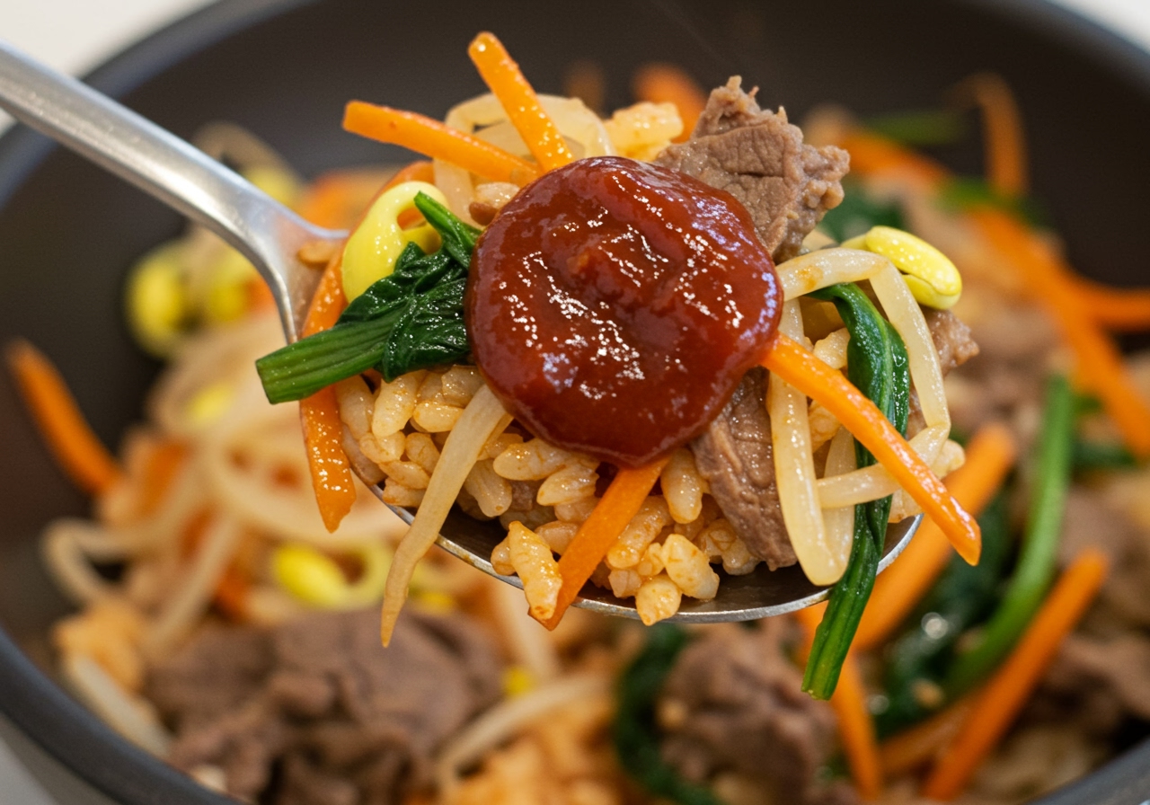 A close-up shot of a spoonful of mixed bibimbap, showing the combination of rice, vegetables, meat, and gochujang sauce.