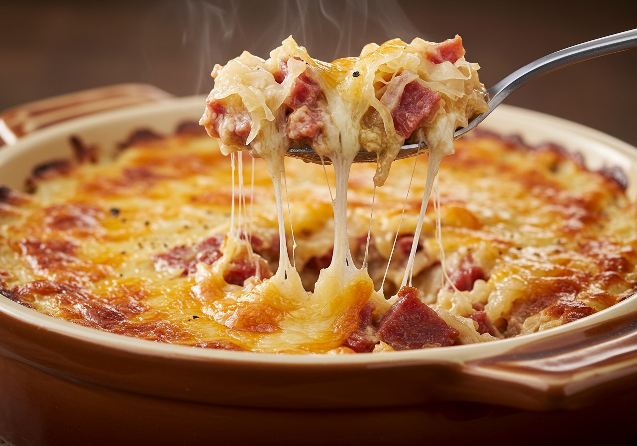 A close-up shot of a spoonful of warm, melted Reuben Dip being lifted from a serving dish, showing the gooey cheese and chunks of corned beef and sauerkraut.