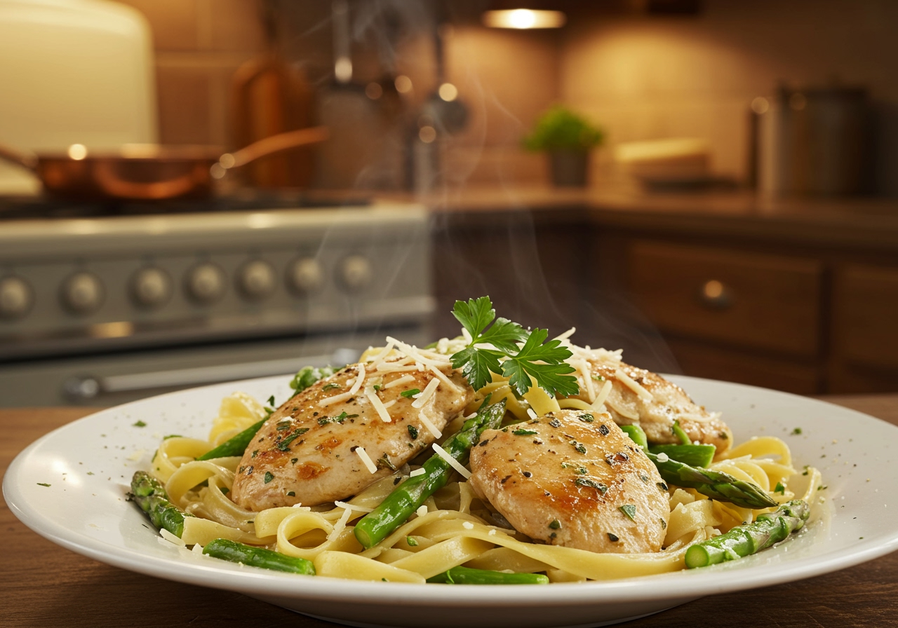 A close-up shot of a steaming plate of chicken and asparagus fettuccine, garnished with fresh parsley and Parmesan cheese, with a rustic kitchen background.