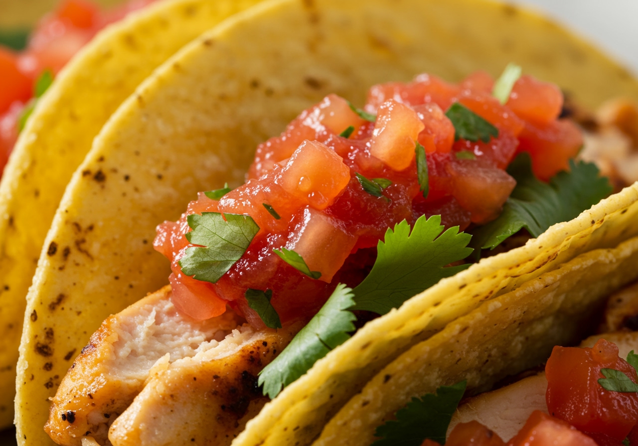 A close-up shot of a taco filled with grilled chicken, topped with a generous spoonful of fresh tomato salsa, cilantro sprigs visible.