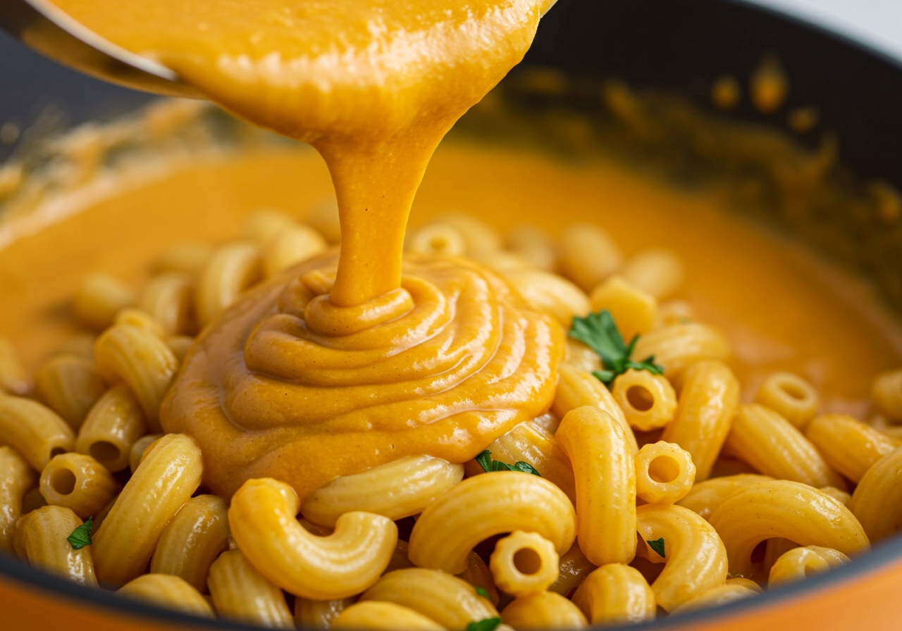 A close-up shot of a vibrant, creamy vegan pumpkin cheese sauce being poured over cooked macaroni. The sauce is rich orange, and the macaroni glistens. There are hints of green herbs as garnish.