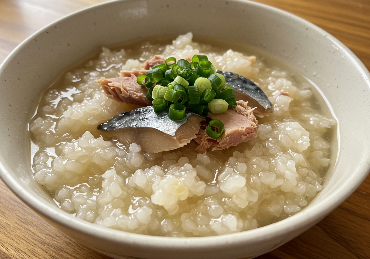 A close-up shot of a warm, comforting bowl of Japanese Ojiya with chunks of flaked mackerel visible, garnished with finely chopped green onions. The texture is soft and porridge-like. The setting is a cozy kitchen table.