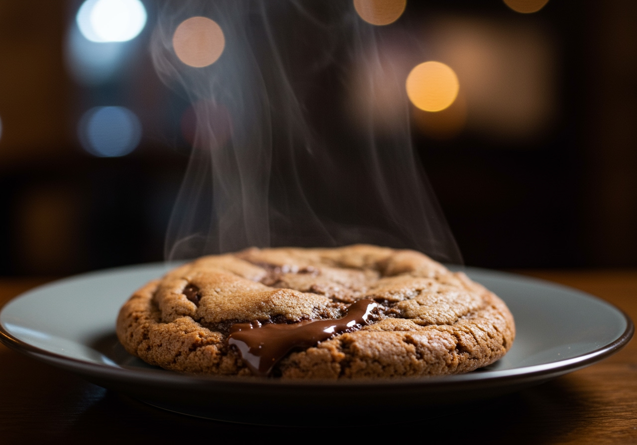 A close-up shot of a warm, gooey chocolate chip cookie with melted chocolate, steaming slightly, on a plate. The background is blurred but suggests a cozy, late-night setting.