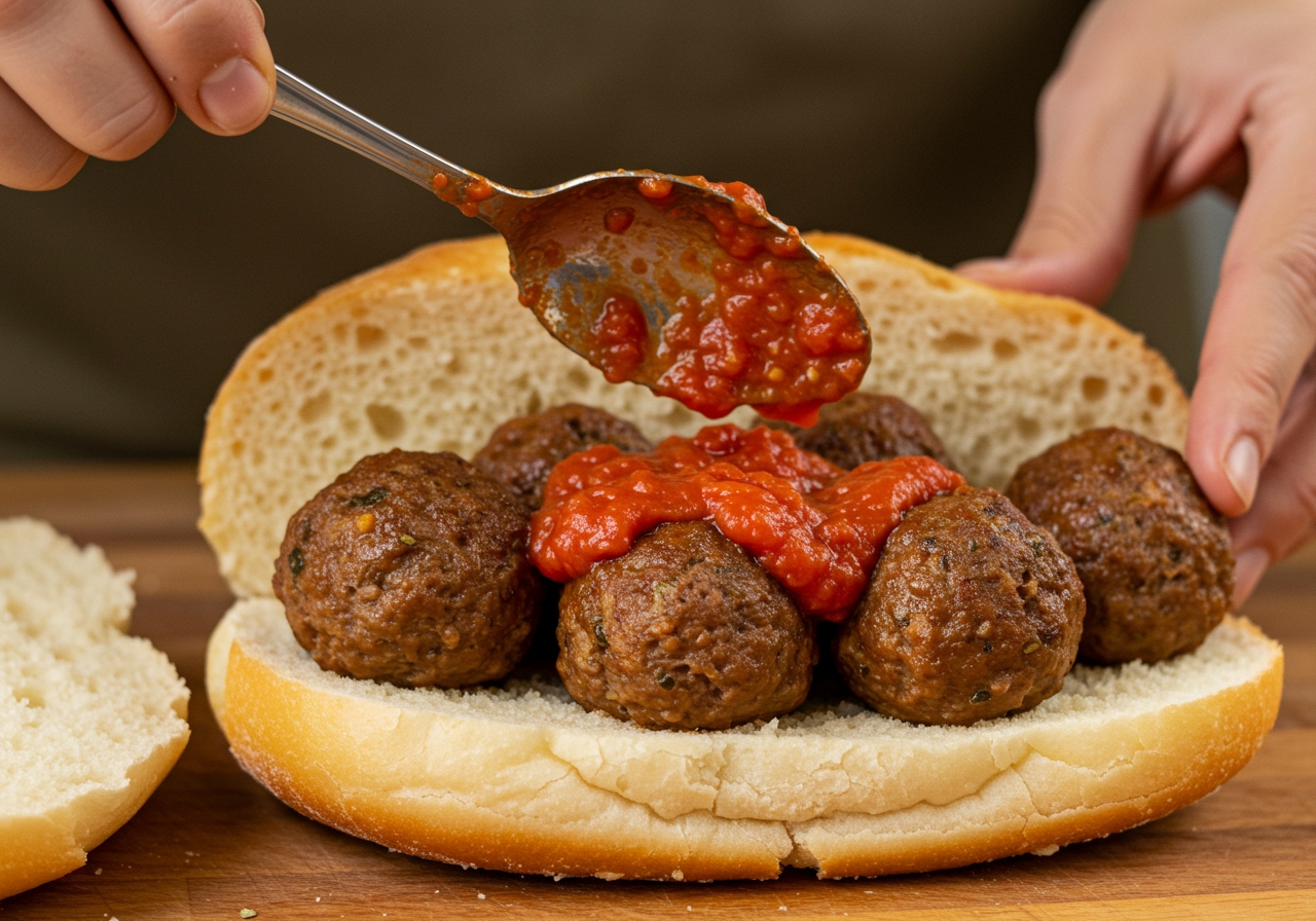 A close-up shot of an easy meatball sandwich being assembled, showing cooked meatballs being placed into a sliced roll, followed by a spoonful of rich tomato sauce.