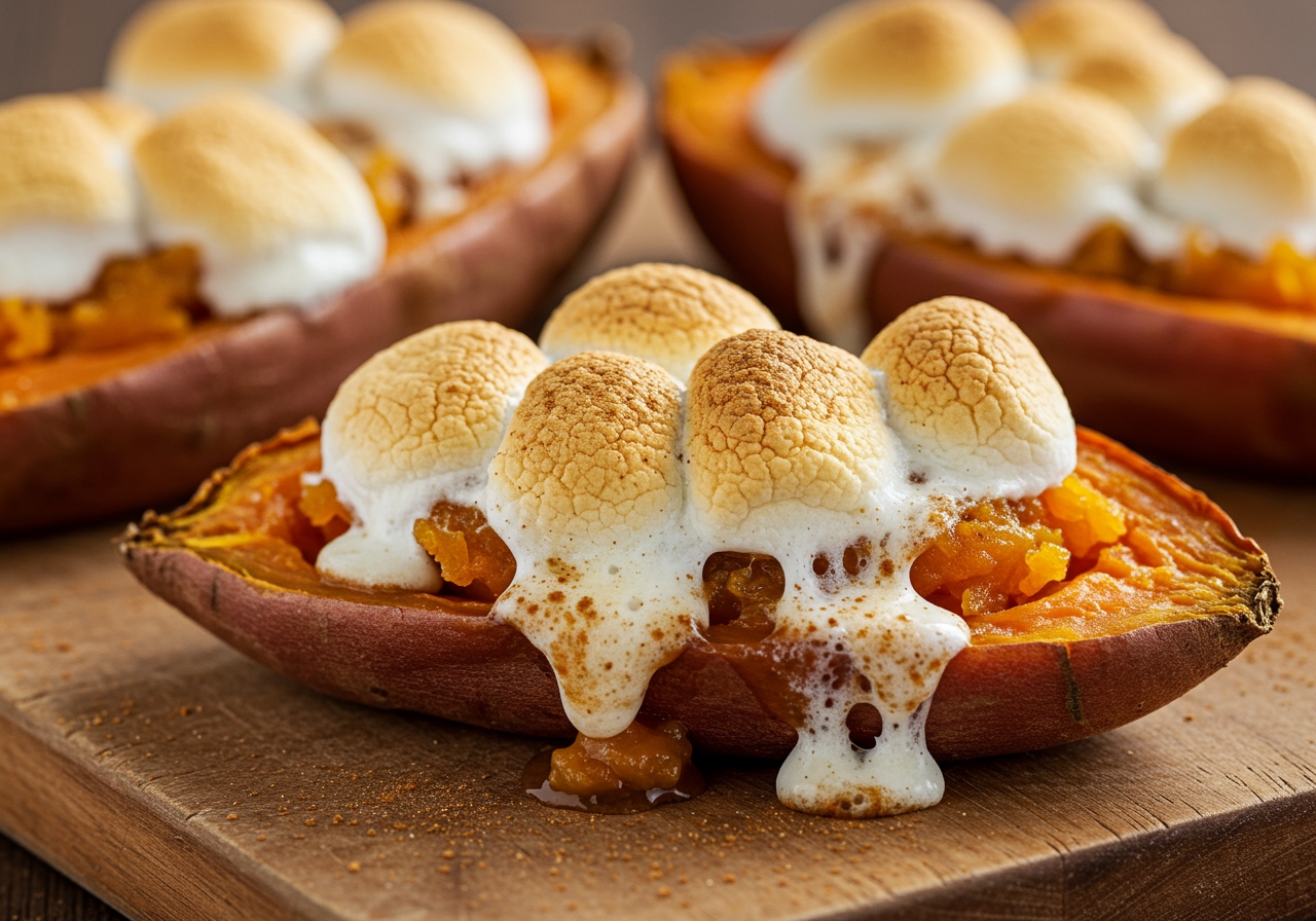 A close-up shot of baked sweet potato halves topped with golden-brown, melted marshmallows, slightly charred, garnished with a sprinkle of cinnamon, served on a rustic wooden board.