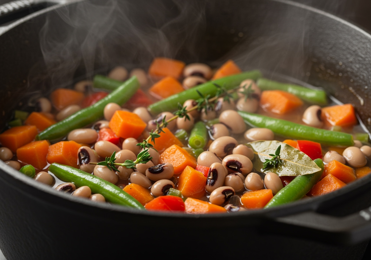 A close-up shot of black-eyed peas simmering gently in a pot with vegetables and herbs, steam rising, looking hearty and flavorful.