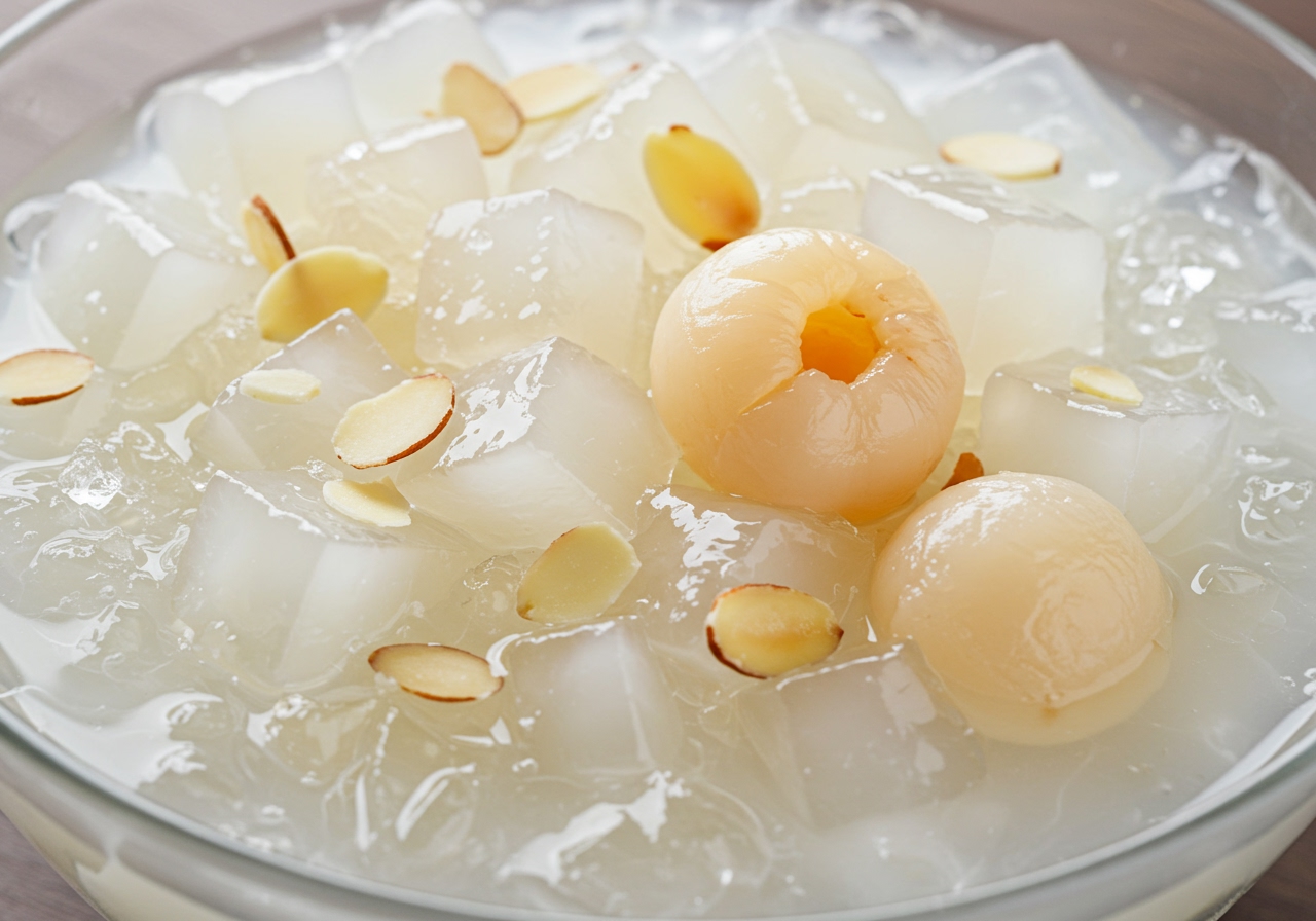 A close-up shot of Chè Khúc Bạch, showing cube-shaped white jelly pieces, slices of lychee or longan, and almond flakes in a clear syrup with crushed ice.