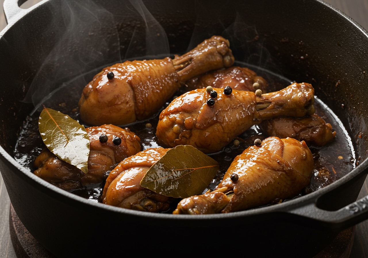 A close-up shot of Chicken Adobo simmering in a pot, showing the rich, dark sauce, bay leaves, and peppercorns.