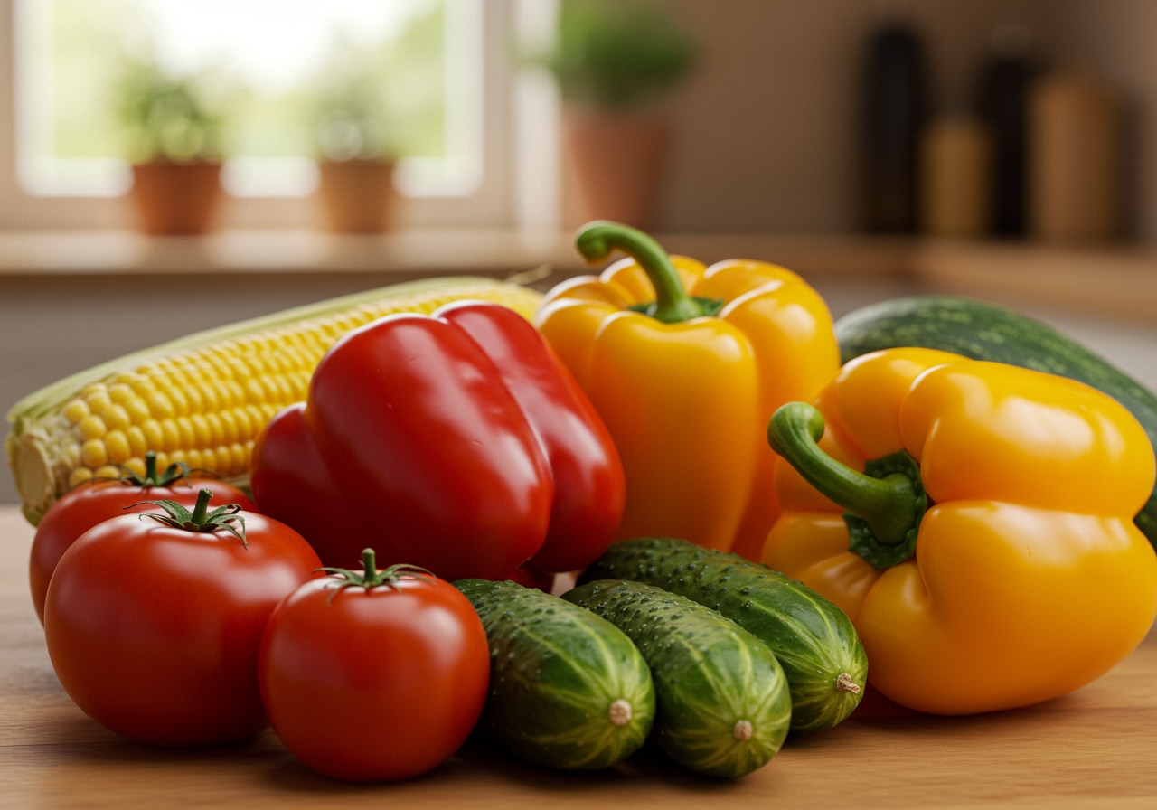 A close-up shot of colorful summer vegetables like ripe tomatoes, green cucumbers, vibrant bell peppers, and corn on the cob.