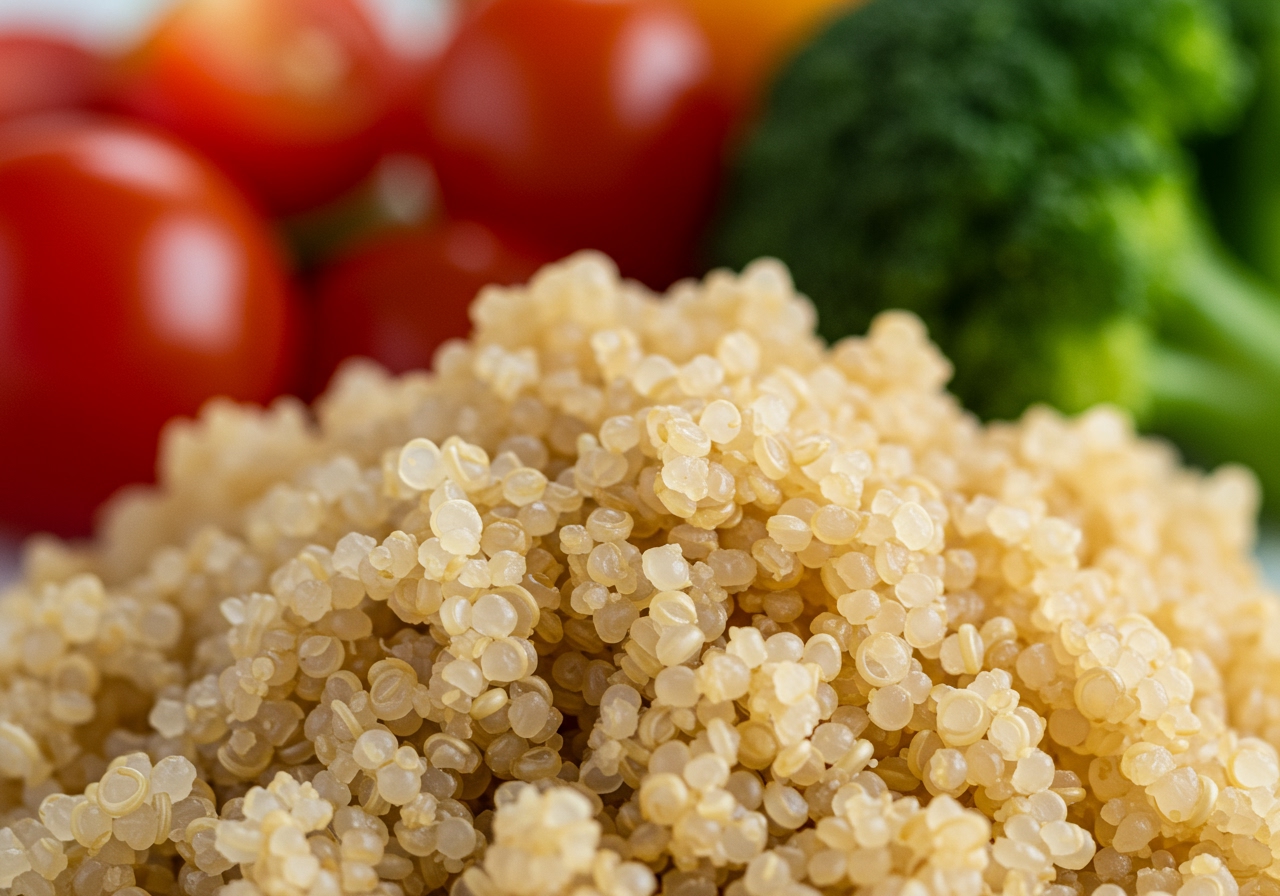 A close-up shot of cooked quinoa, showing its delicate texture and individual grains. The background is slightly blurred with other healthy ingredients like fresh vegetables.