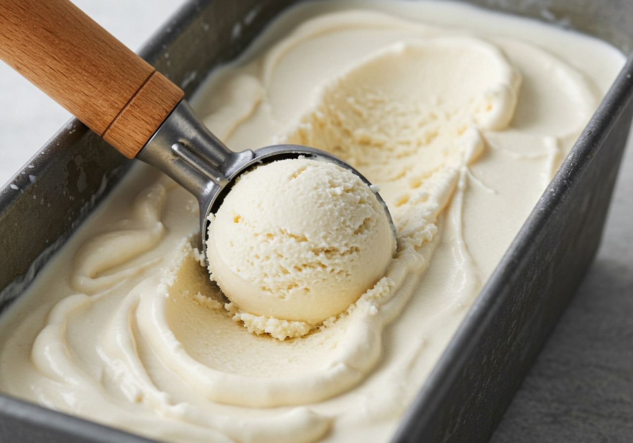 A close-up shot of creamy homemade coconut ice cream being scooped from a container, showing its smooth texture. A wooden scoop is embedded.