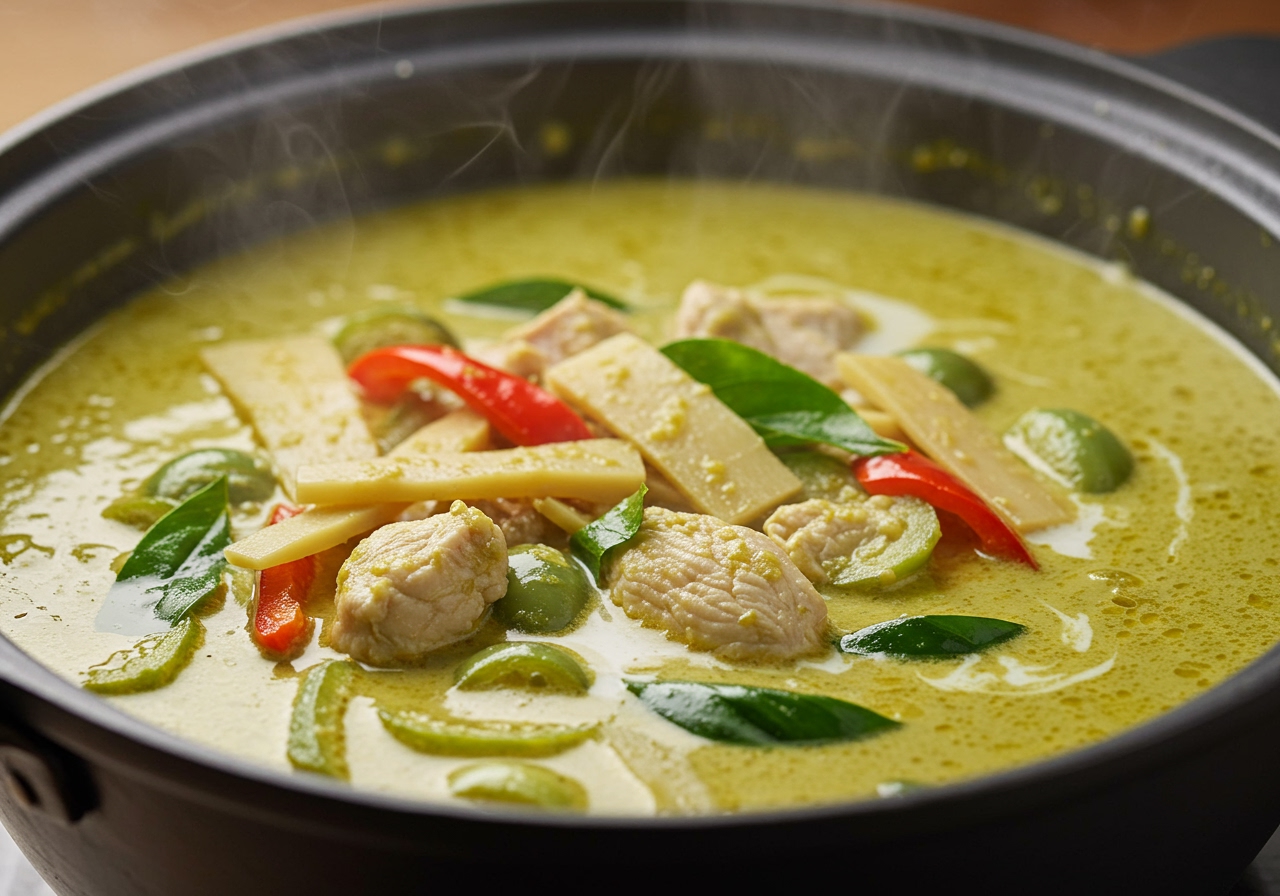 A close-up shot of creamy Thai green curry simmering in a pot with chicken and vegetables.