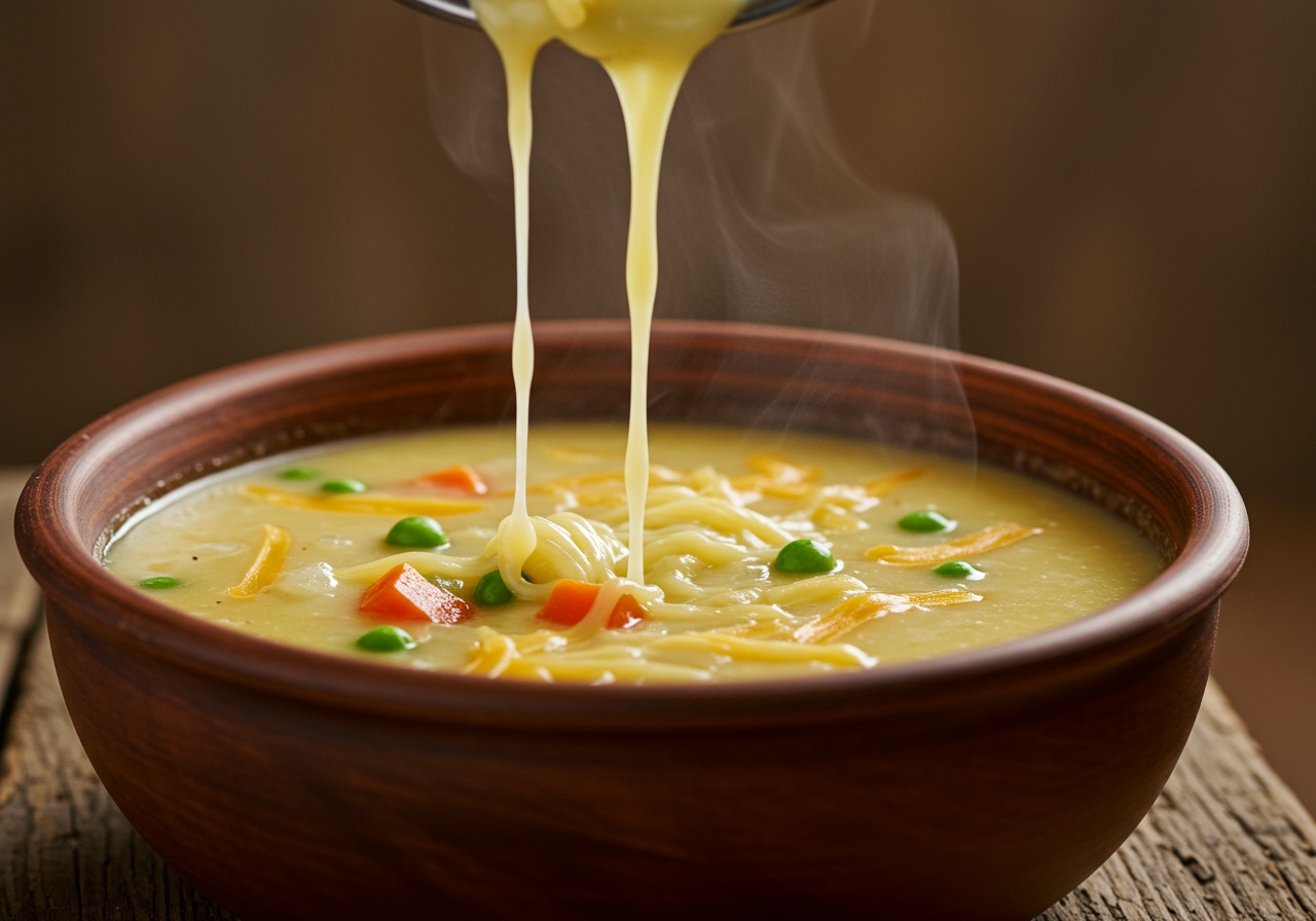 A close-up shot of creamy vegetable cheese soup being poured into a rustic ceramic bowl, showing the rich texture and melted cheese strings.