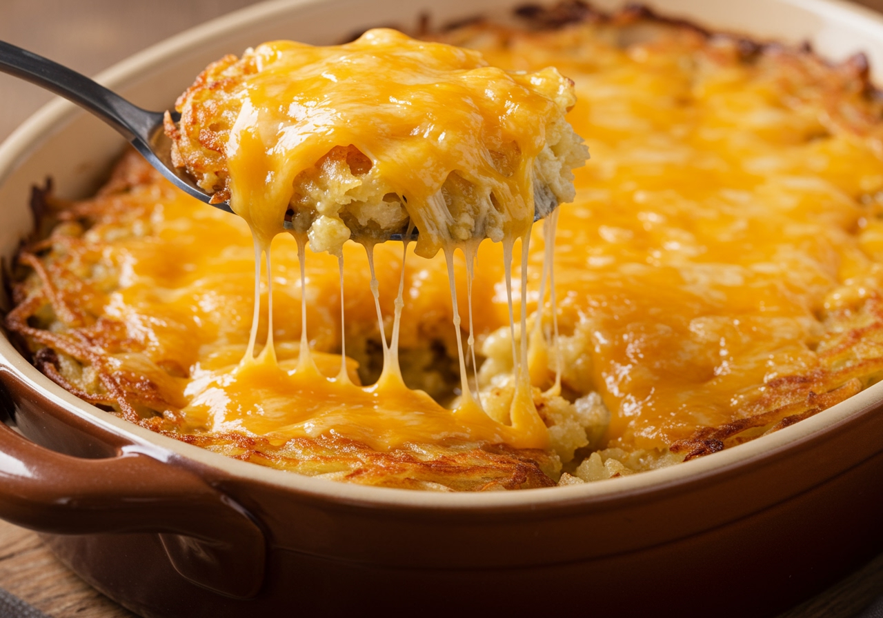 A close-up shot of crispy, golden hash browns peeking out from under bubbling, melted cheese in a casserole dish, with a serving spoon scooping out a portion.