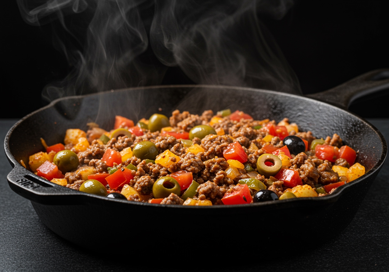 A close-up shot of Cuban picadillo hash simmering in a cast iron pan, with steam rising, showcasing the rich texture and vibrant colors of the ingredients.