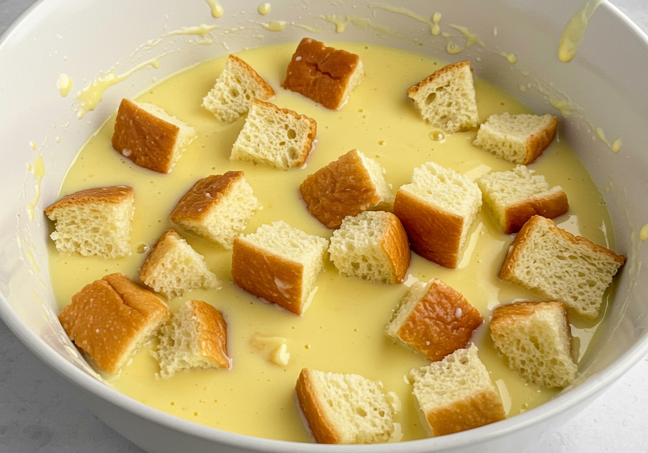 A close-up shot of cubed brioche bread soaking in a rich, creamy egg custard in a large mixing bowl, ready for the casserole dish.