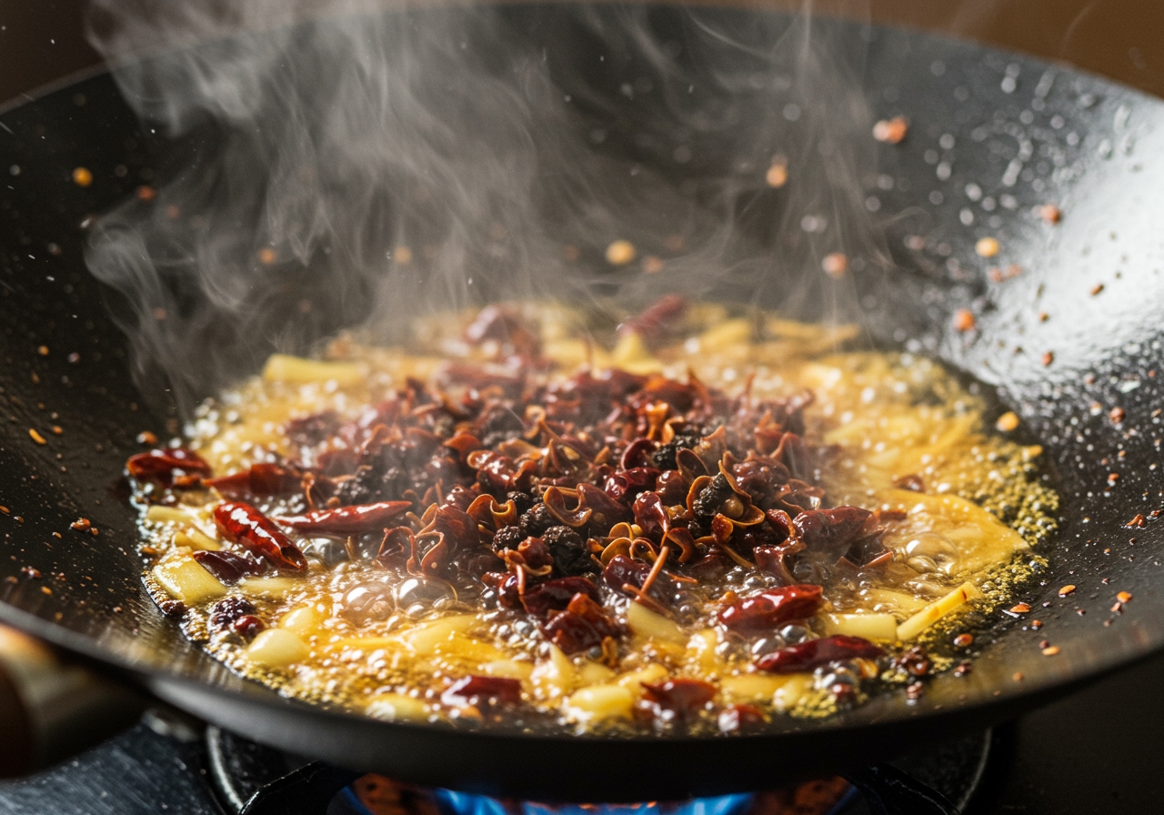 A close-up shot of Doubanjiang and other seasonings being stir-fried in a hot wok, releasing aromatic steam.