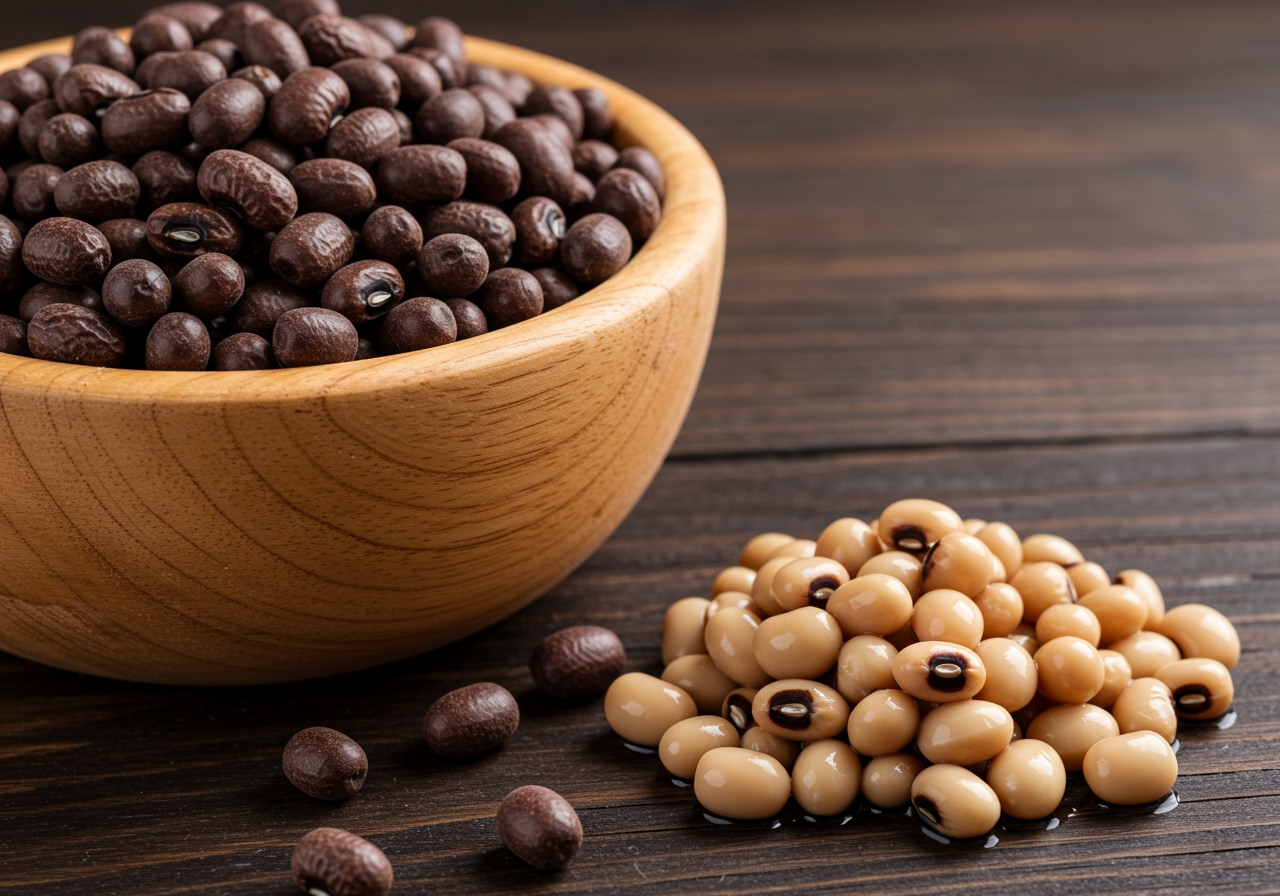 A close-up shot of dried black-eyed peas in a wooden bowl, next to a small pile of soaked peas, illustrating the before and after.