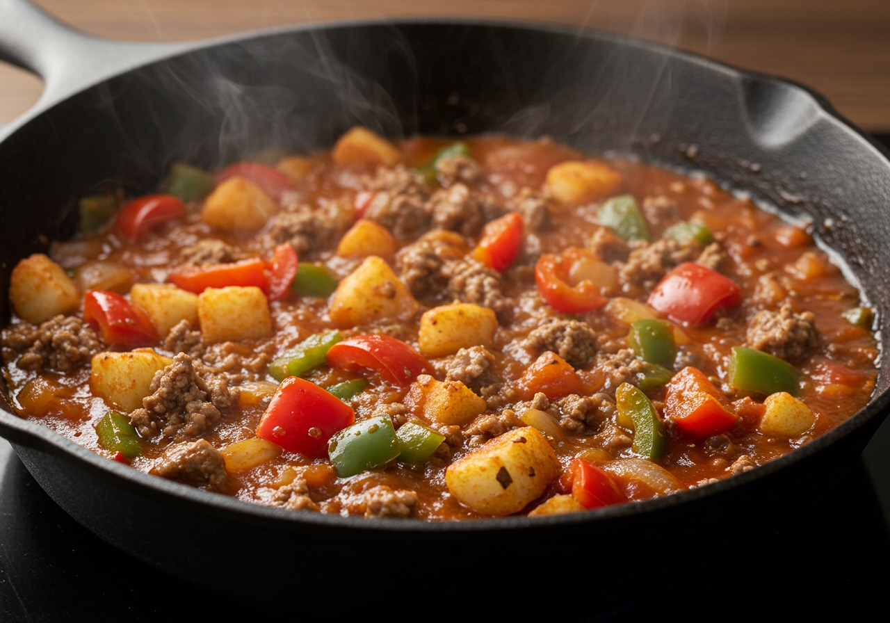 A close-up shot of easy Mexican hash simmering in a cast-iron skillet, showing the bubbling tomato sauce and tender ingredients.