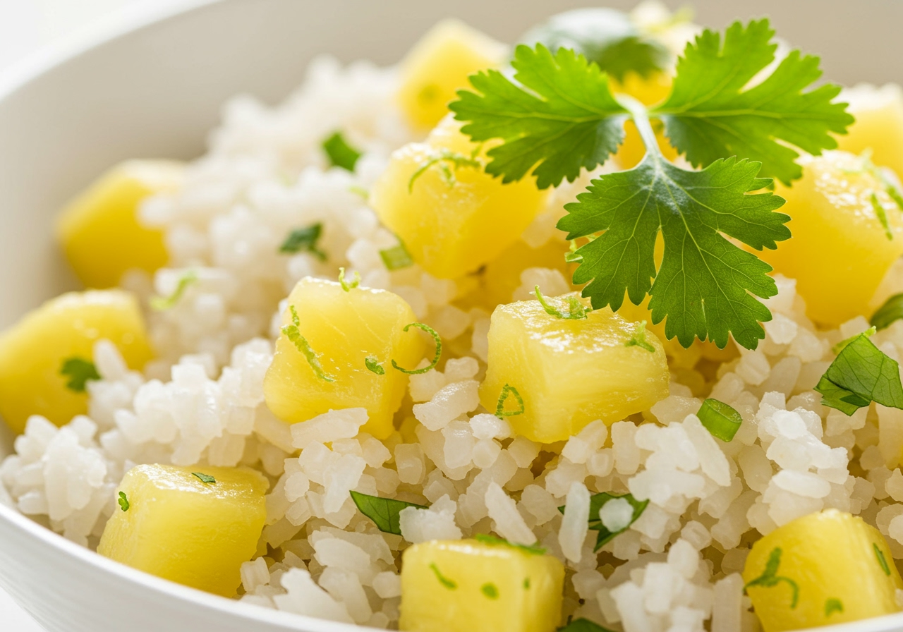 A close-up shot of fluffy cooked rice with small cubes of pineapple and lime zest mixed in, garnished with cilantro. The lighting is bright and fresh.