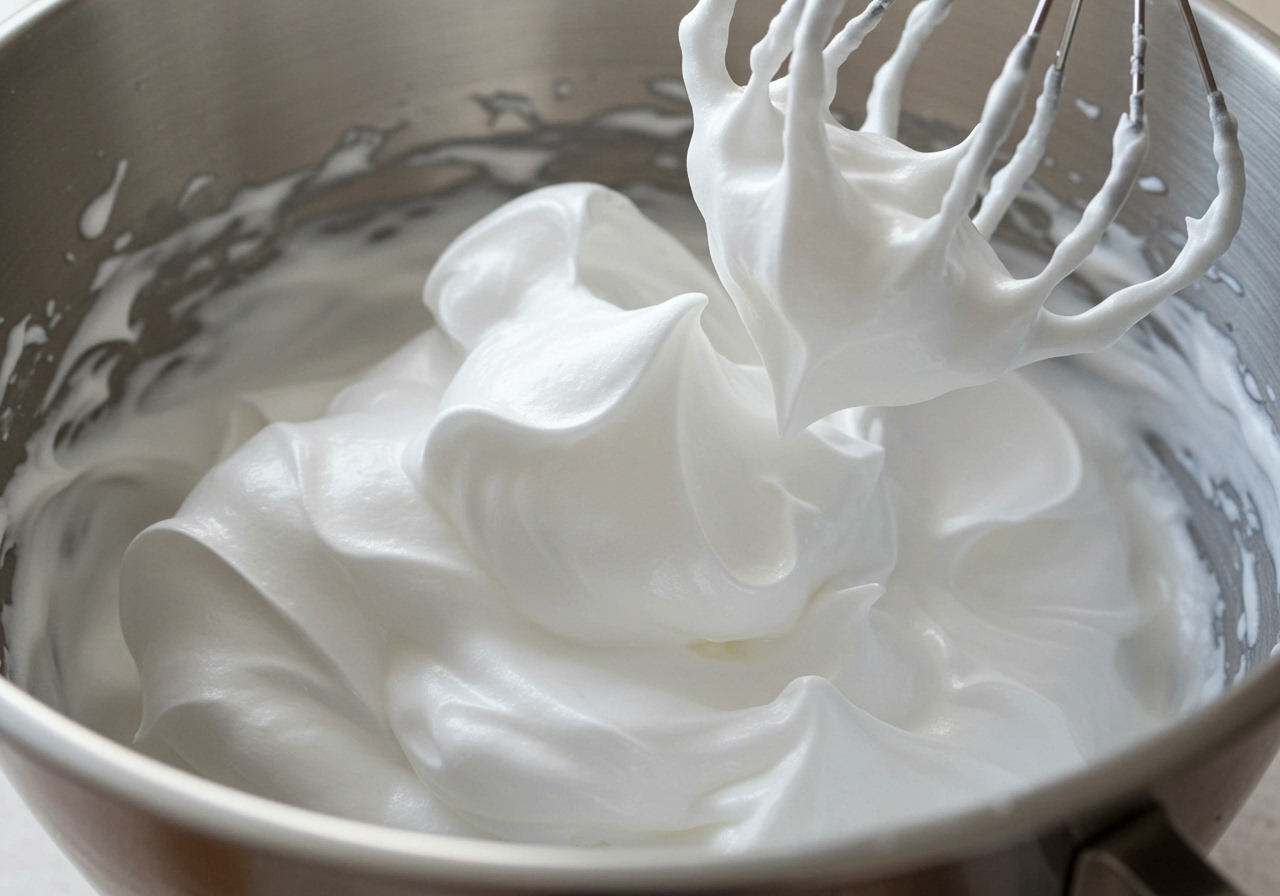 A close-up shot of fluffy, glossy egg white meringue in a mixing bowl, with a whisk partly visible, indicating a perfectly whipped texture.