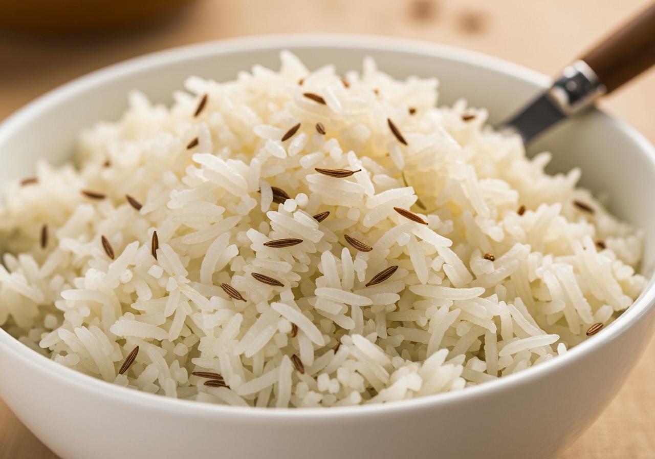 A close-up shot of fluffy Jeera Rice (cumin rice) in a bowl, showing individual grains and whole cumin seeds, perhaps with a serving spoon.