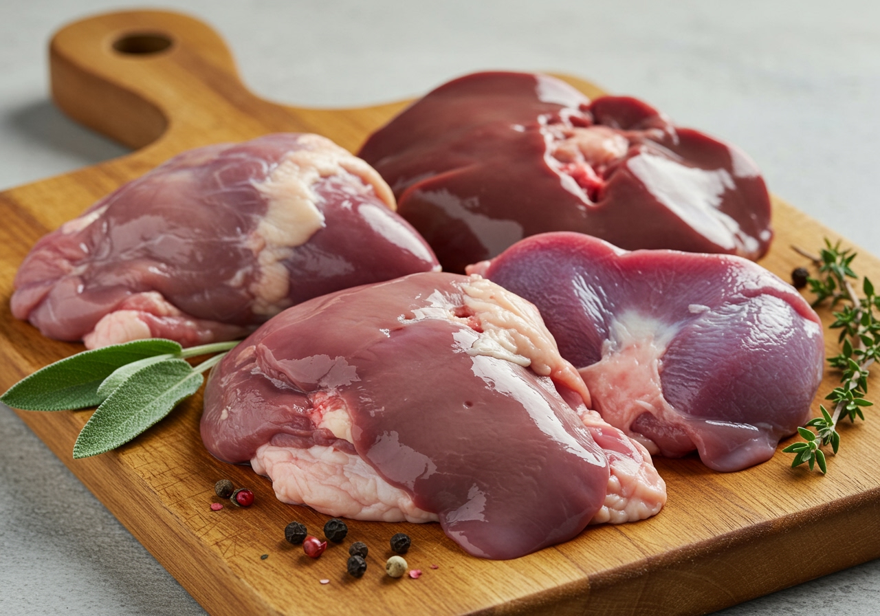 A close-up shot of fresh giblets (heart, liver, gizzard) with aromatic herbs like sage and thyme on a wooden cutting board, ready for cooking.
