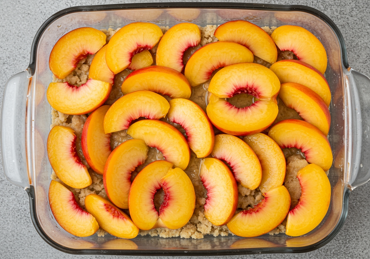 A close-up shot of fresh, ripe peaches sliced and arranged in a baking dish, ready for the cobbler topping. The peaches are vibrant orange and yellow, glistening with natural juices. Overhead shot with a clean, rustic background.