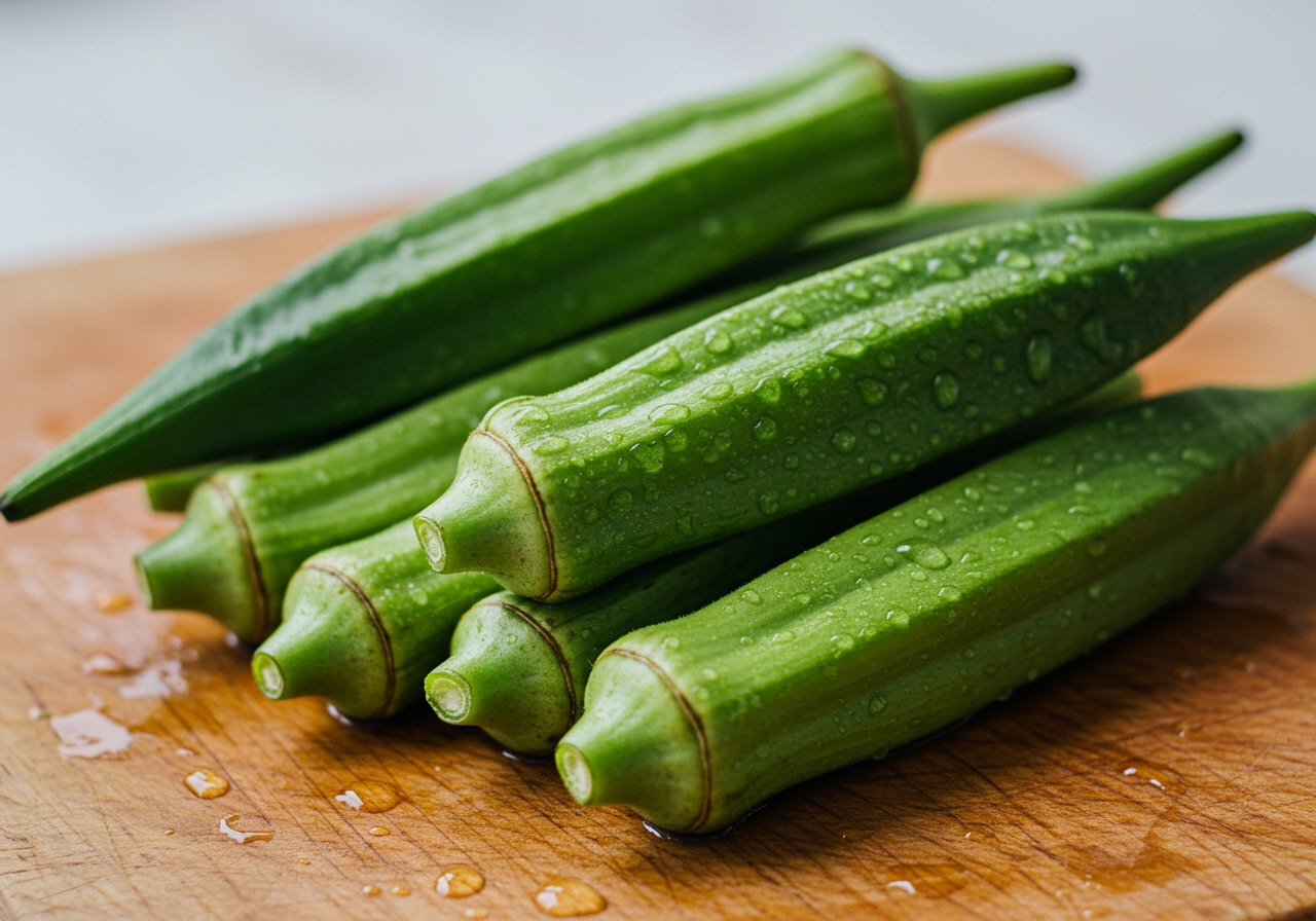 A close-up shot of fresh, vibrant green okra pods on a cutting board, ready for preparation.