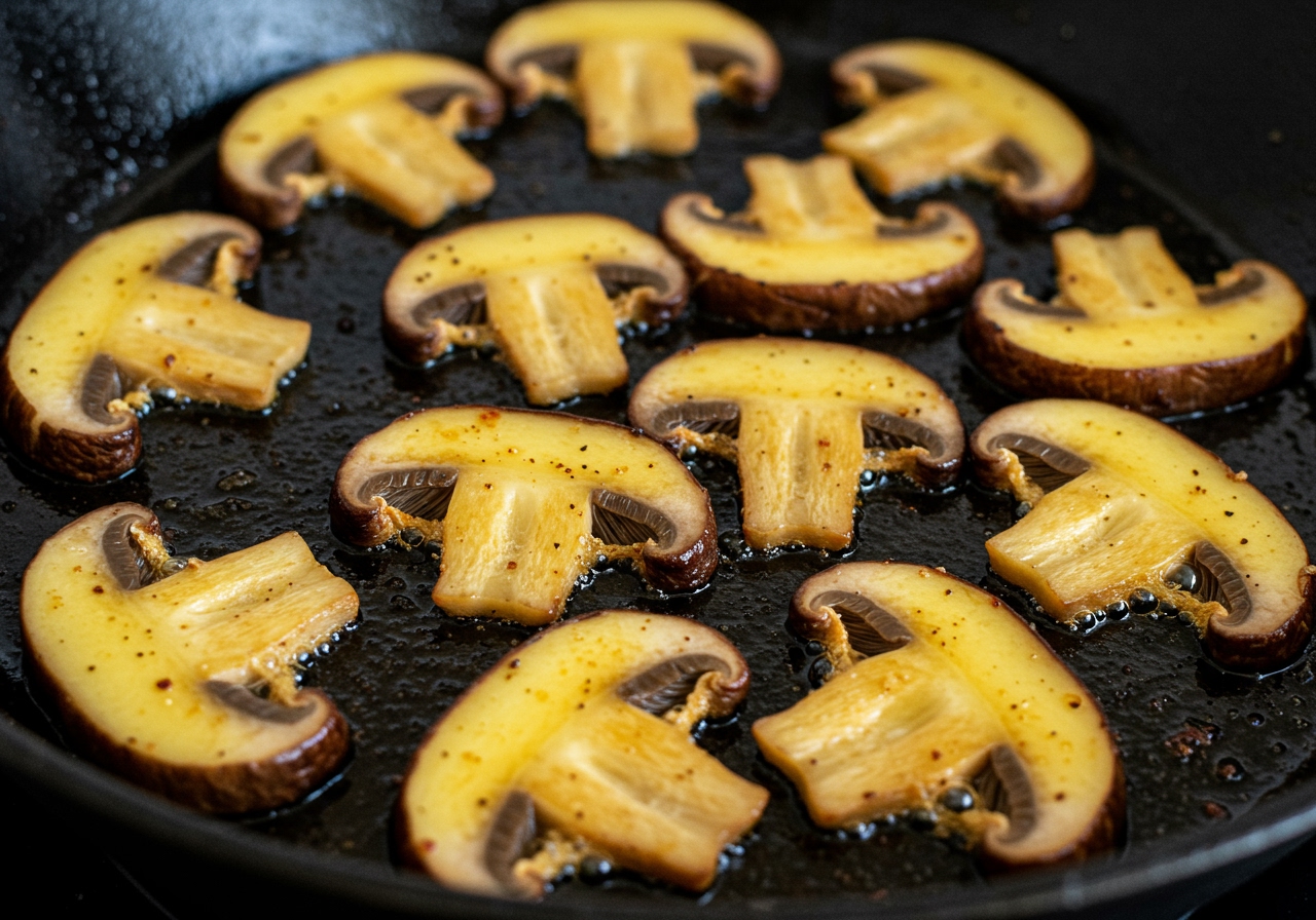 A close-up shot of golden-brown shiitake mushroom slices lightly dusted with flour, sizzling in a hot pan with olive oil, showing a delicious char.
