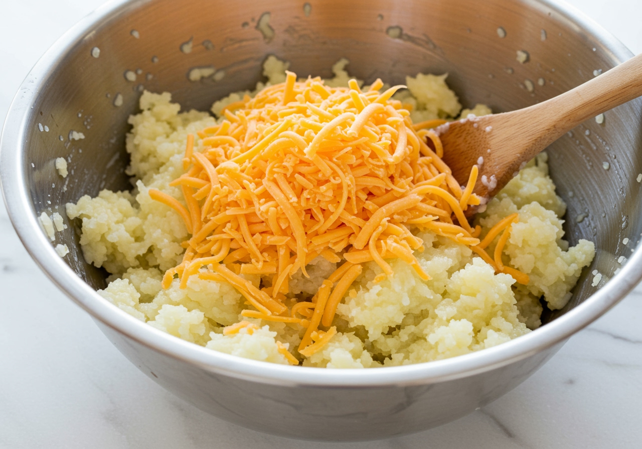 A close-up shot of grated potatoes and cheese being mixed in a bowl.