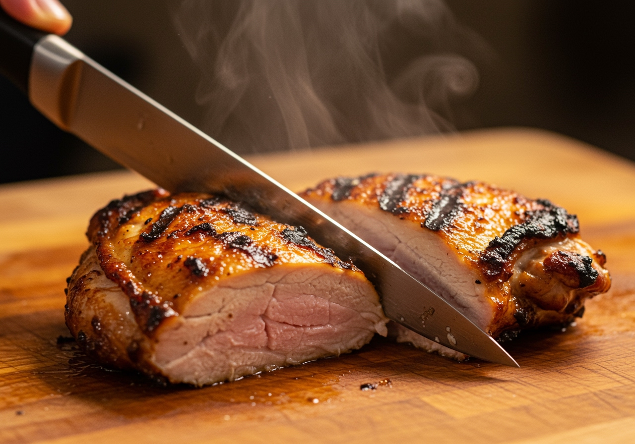 A close-up shot of grilled chicken thigh being sliced on a cutting board, revealing its juicy interior, with steam subtly rising.