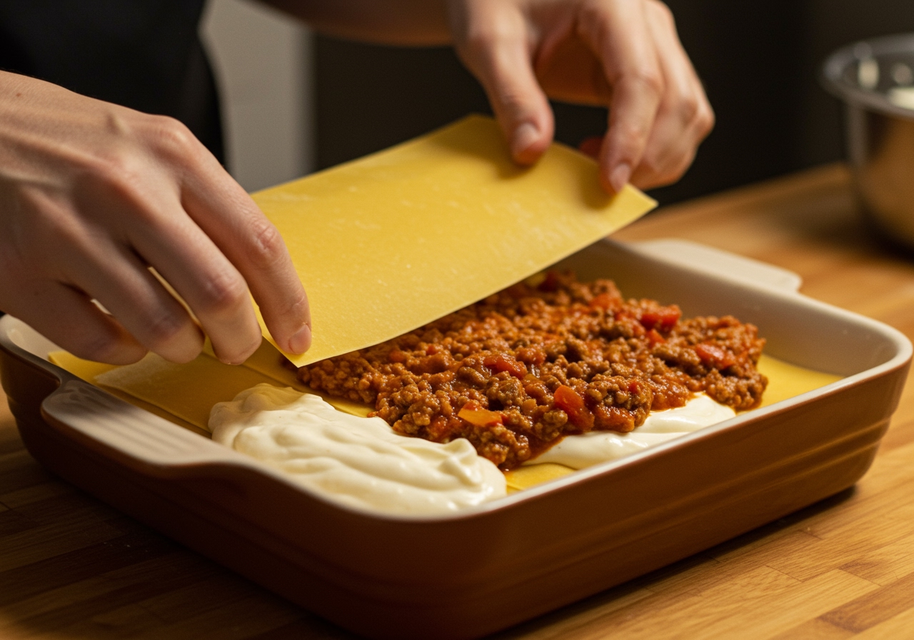 A close-up shot of hands layering pasta sheets, ragu, and béchamel sauce in a baking dish.