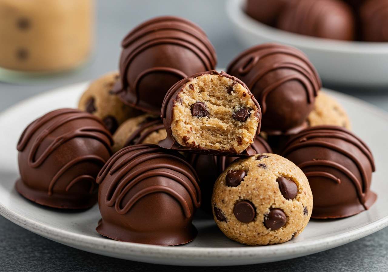 A close-up shot of healthy chocolate chip cookie dough truffles arranged on a plate, with some truffles coated in chocolate and some showing the cookie dough texture. The background is slightly blurred.