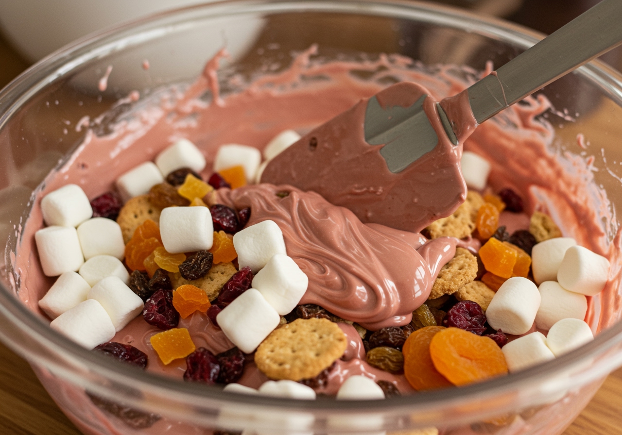A close-up shot of melted ruby chocolate being mixed with marshmallows, biscuits, and dried fruits using a spatula in a bowl.