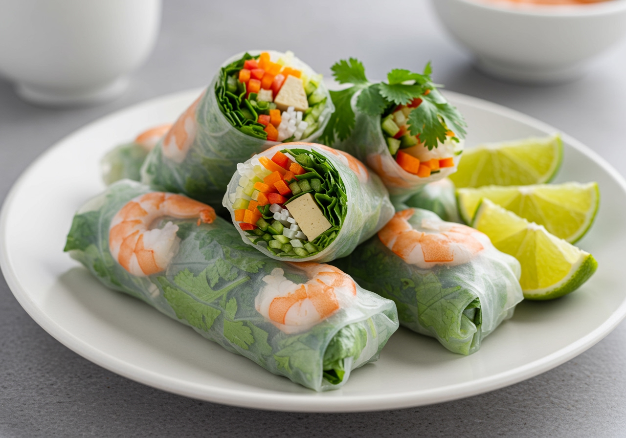 A close-up shot of neatly rolled Vietnamese fresh spring rolls on a plate, showing the vibrant fillings visible through the translucent rice paper.