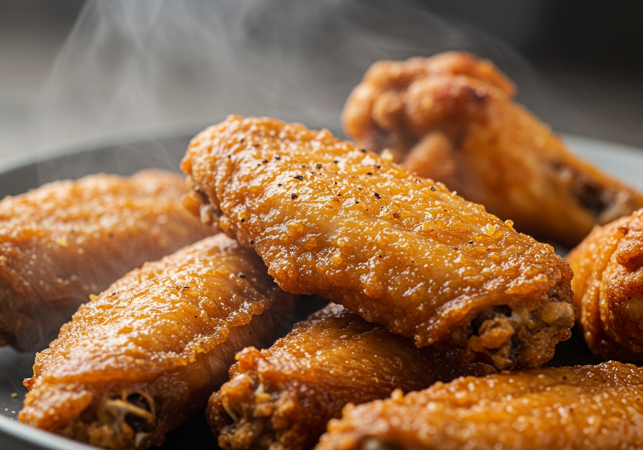 A close-up shot of perfectly air-fried chicken wings, golden brown and incredibly crispy, glistening slightly from the cooking spray. A light mist effect around them.
