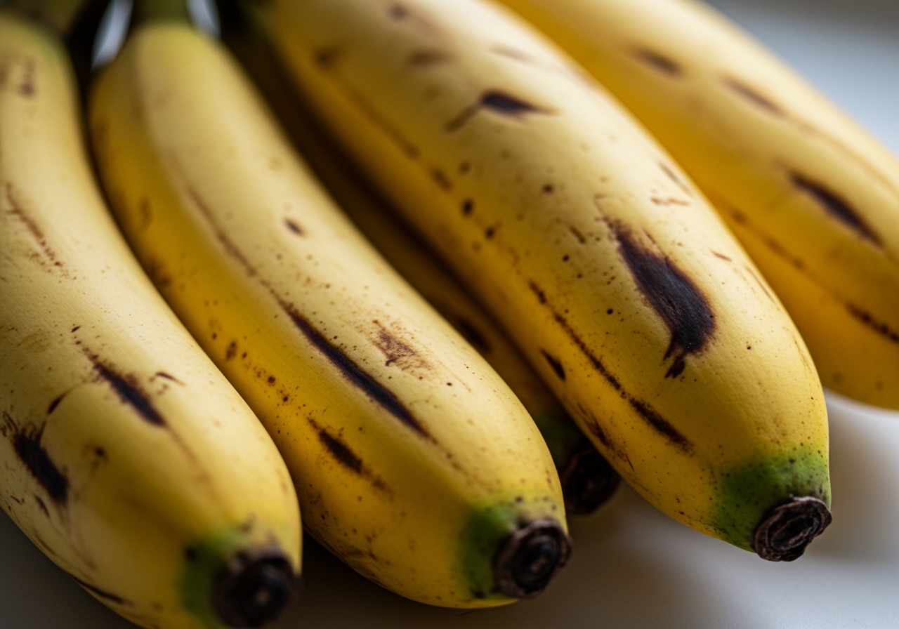 A close-up shot of perfectly ripe bananas with brown spots, ready for baking banana bread.