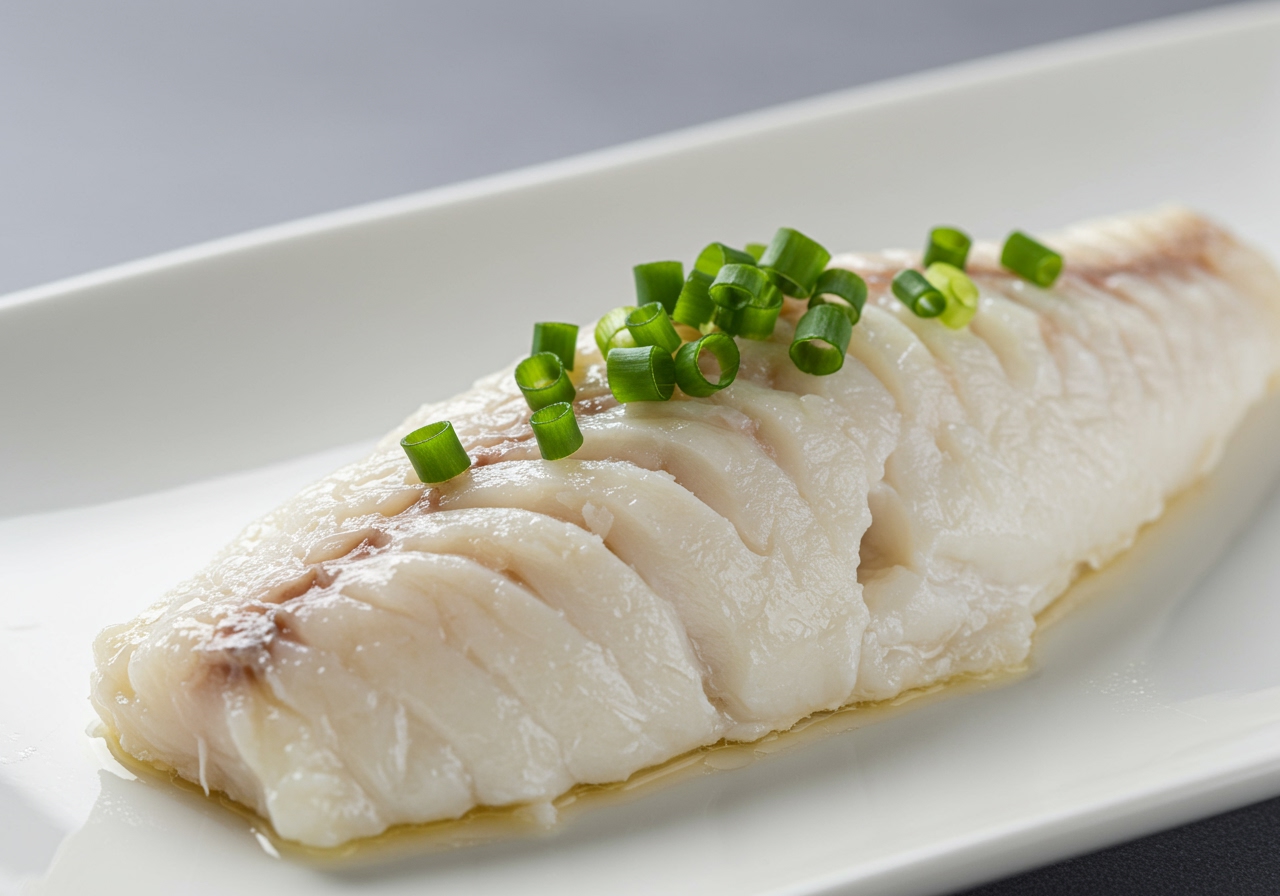 A close-up shot of perfectly steamed white fish fillet showing its flaky texture, with a sprinkle of chopped green onions on top.