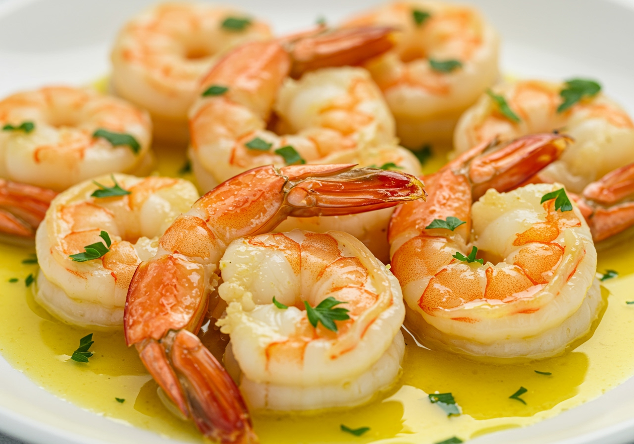 A close-up shot of plump, perfectly cooked sous vide lemon butter shrimp, glistening with sauce on a white plate, with a sprig of fresh parsley.