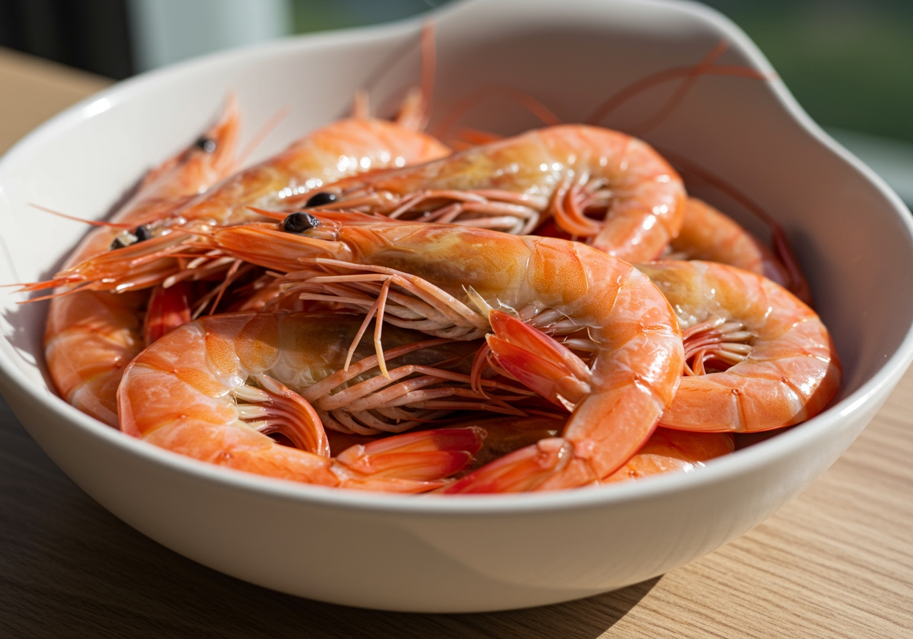 A close-up shot of plump, pink shrimp in a bowl, highlighting their freshness and texture.