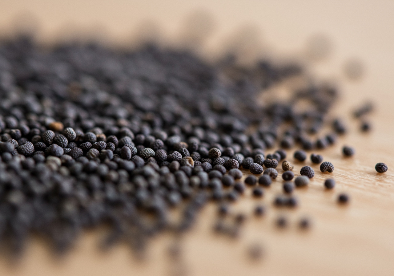 A close-up shot of poppy seeds, highlighting their tiny, dark appearance