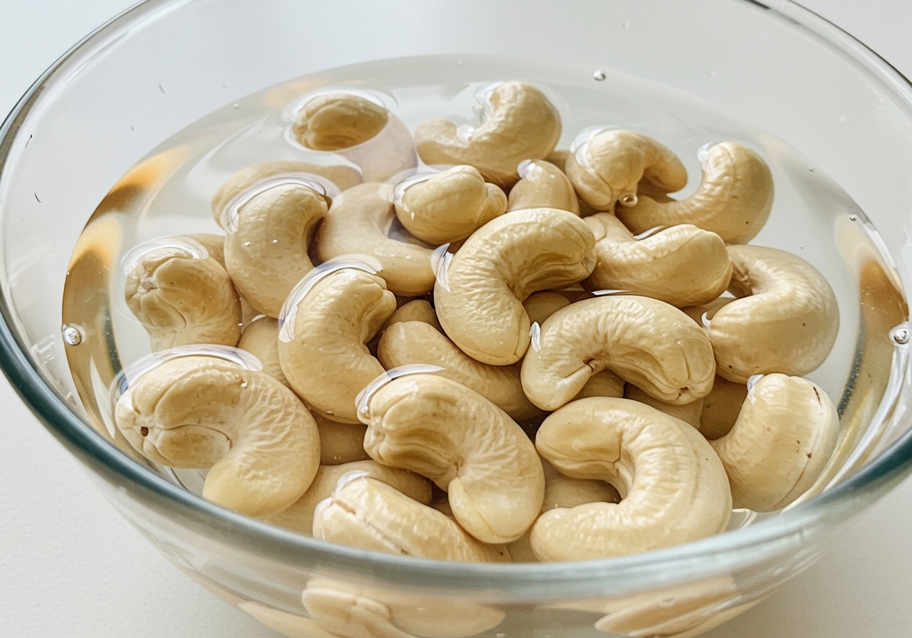 A close-up shot of raw cashews soaking in a bowl of water.