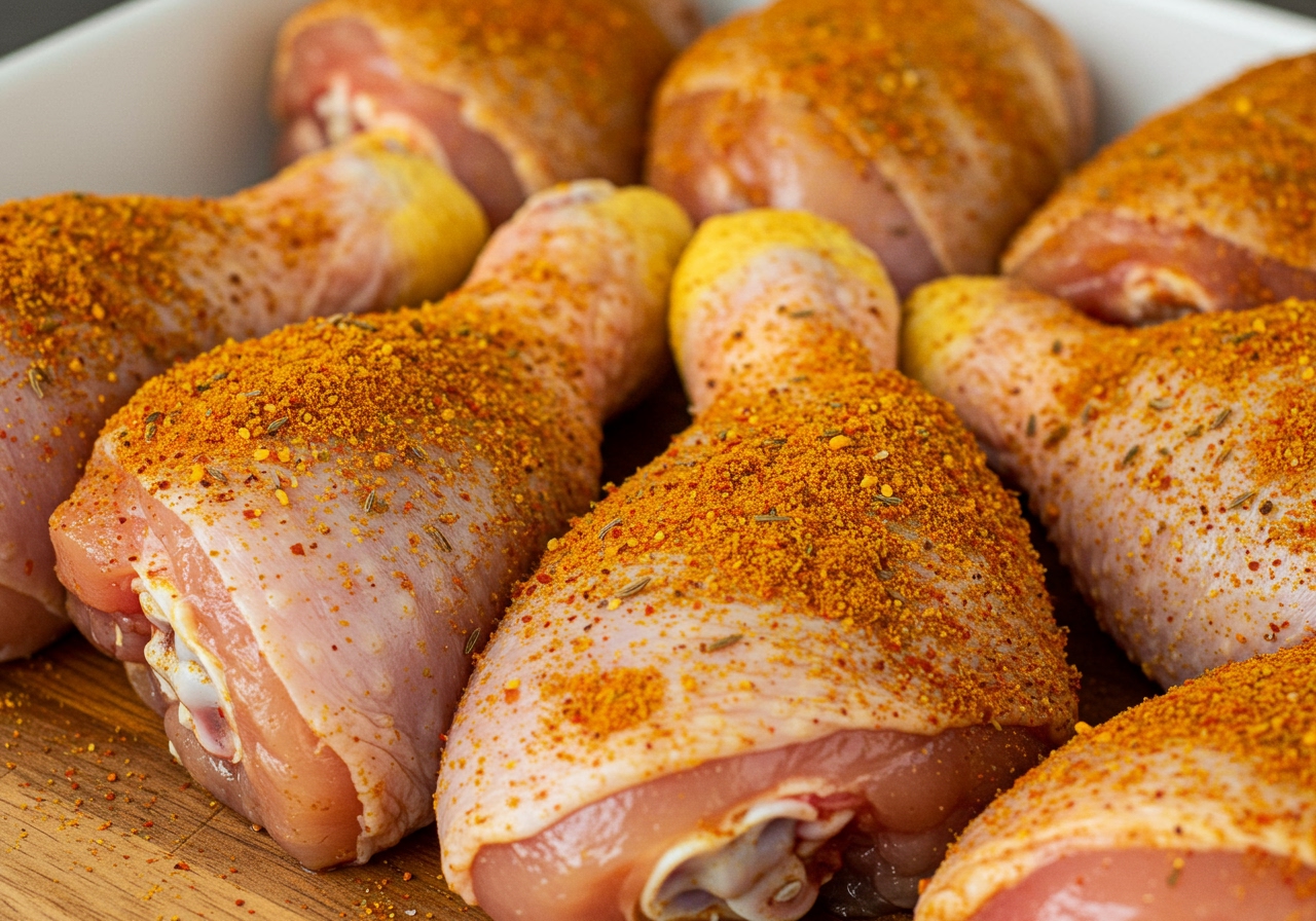 A close-up shot of raw chicken pieces coated generously with vibrant, colorful spices, ready for marination. The spices should be clearly visible and adhere well to the chicken.