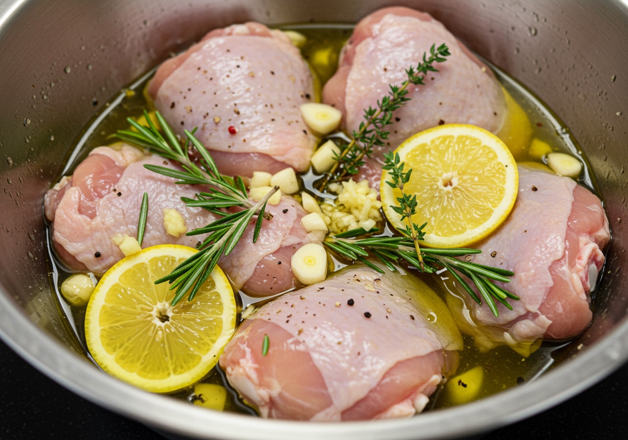 A close-up shot of raw chicken thighs marinating in a bowl with olive oil, fresh rosemary, thyme, minced garlic, and sliced lemon. The ingredients are vibrant and well-distributed, promising future flavor.