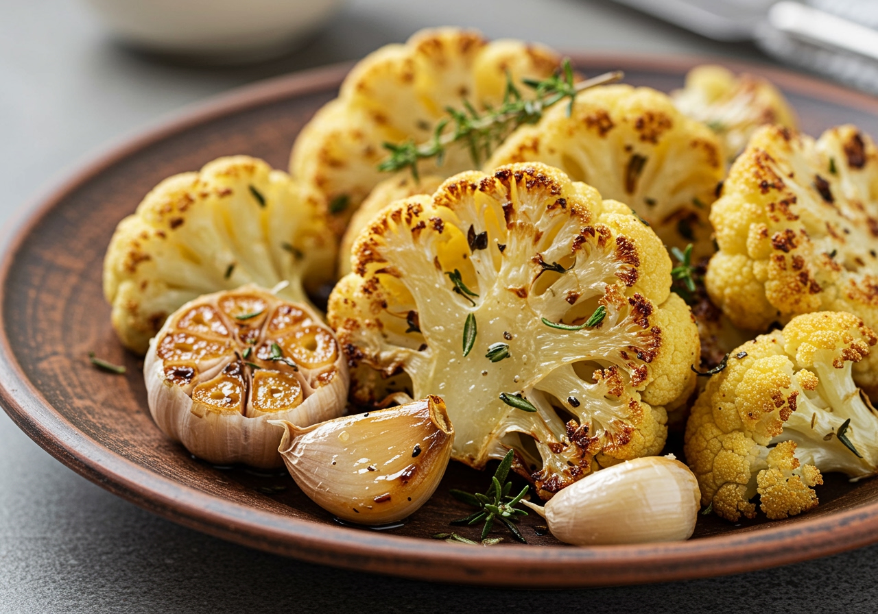 A close-up shot of roasted cauliflower florets with herbs and a few cloves of roasted garlic on a plate.