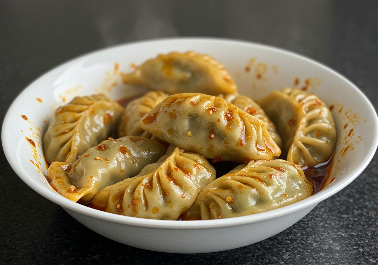 A close-up shot of several cold momo dumplings coated in the aromatic sauce in a bowl, ready to be eaten.