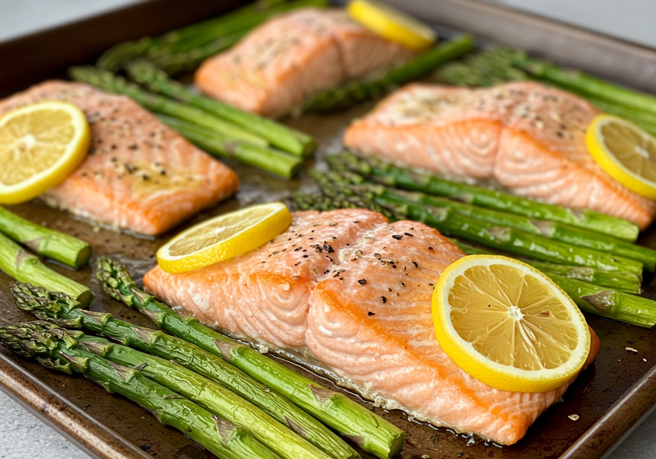 A close-up shot of sheet pan salmon with roasted asparagus and lemon slices, showing a healthy and appealing meal for two.
