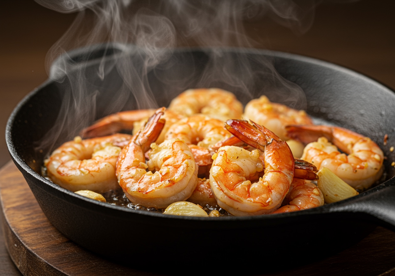 A close-up shot of sizzling garlic shrimp in a pan, with steam rising.